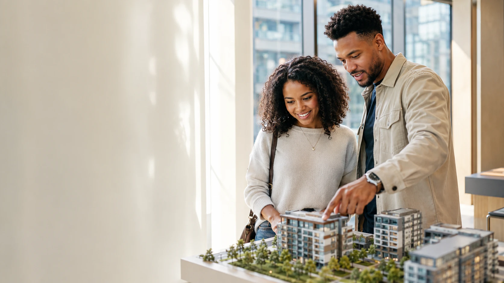 First-time home buyers reviewing mortgage documents with a Vancouver skyline view